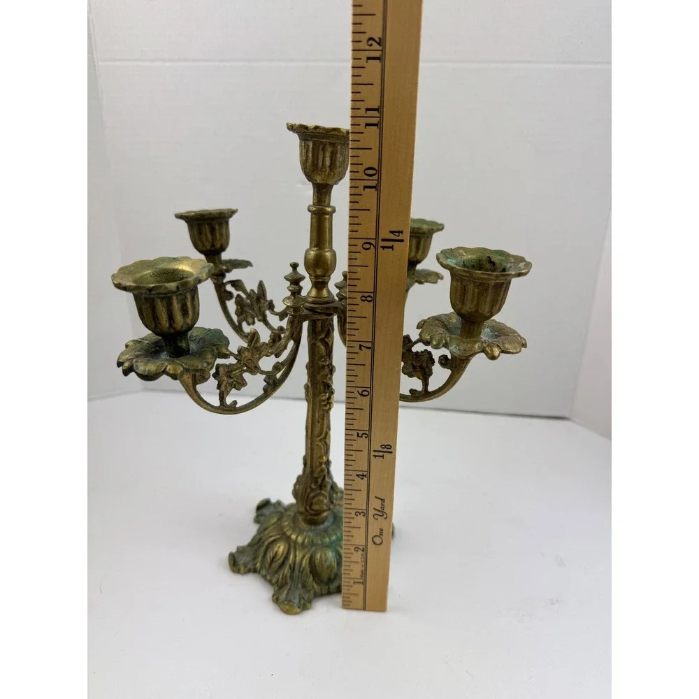 Vintage Ornate Brass 5 Arm Candelabra Ornate Floral Scrollwork Verdigris Patina